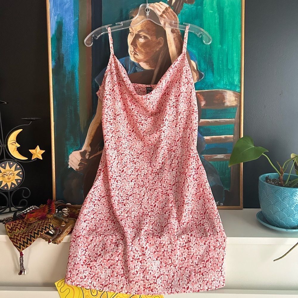 SHEIN Pink Floral Slip Dress Womens Large Cottagecore Y2K Mini Spaghetti Strap